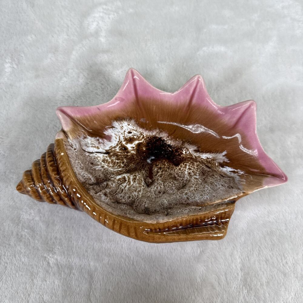 Studio Pottery Sea Shell Candy Trinket Dish Brown & Pink Glazed Benefits Charity